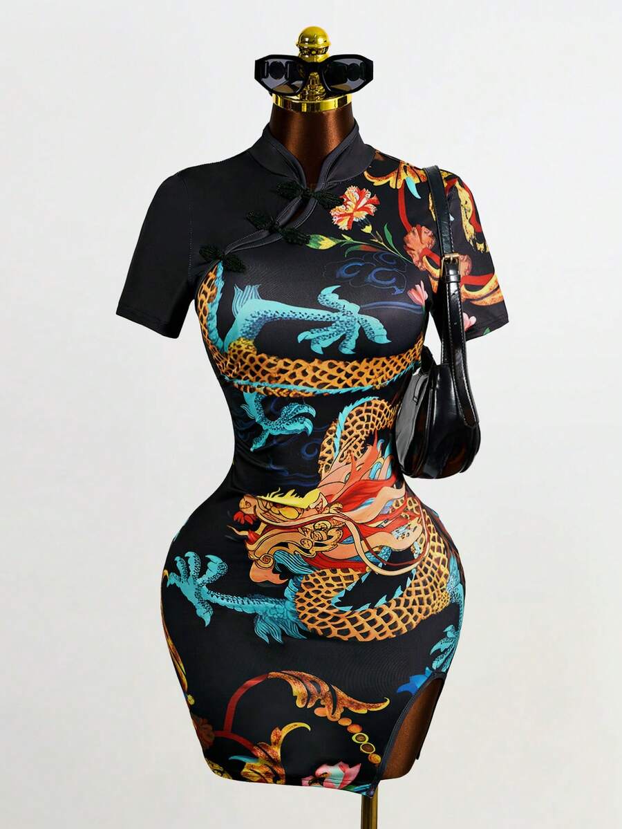 Mistrie New Chinese Style Dragon Patterned High Slit Sexy Cheongsam - Multicolor - View 1