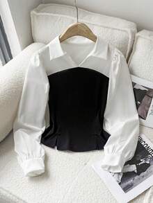 Sparklyn Tricou casual pentru adolescente, cu tiv dublu și crăpături, în culori contrastante, alb-negru, cu mâneci cu bule, model patchwork contrastant, potrivit pentru petreceri de ziua de naștere/spectacole de pian/ceai de după-amiază ușor de lux, îmbrăcăminte pentru copii cu temperament de primăvară și toamnă