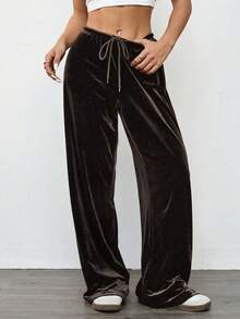SHEIN EZwear Calça feminina vintage casual folgada de veludo com pernas largas, cor café escuro, outono/inverno - Castanho - Ver 3