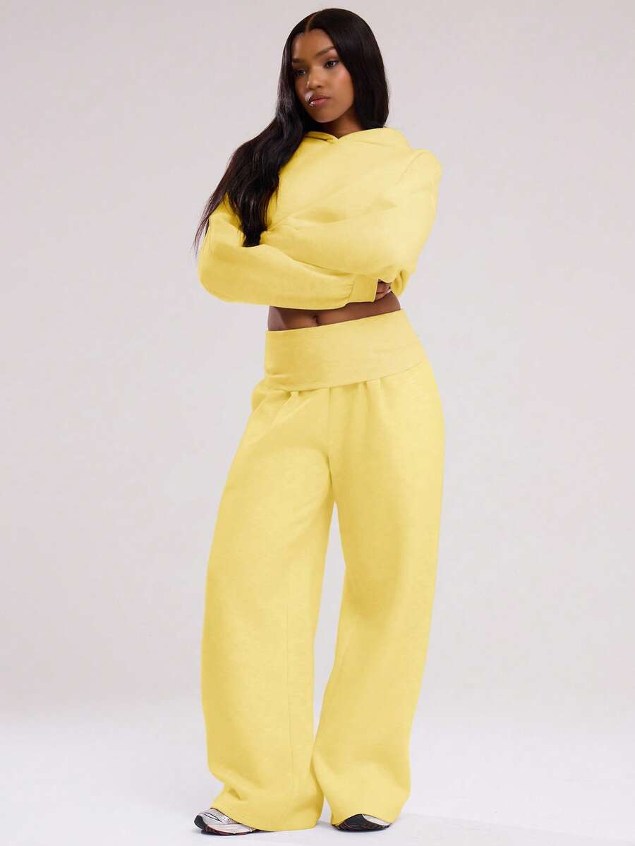 MUSERA Extreme Wide Leg Fold Over Waist Pants Casual Airport Fall, Autumn, , - Yellow - View 1