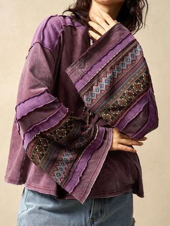 Bohemela 休闲针织拼接圆领长袖宽松女式T恤