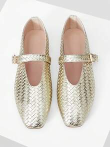 MOTF Zapatos planos tipo Mary Jane con textura trenzada de color champán y hebilla ajustable, zapatos de primavera - Dorado - Ver 2