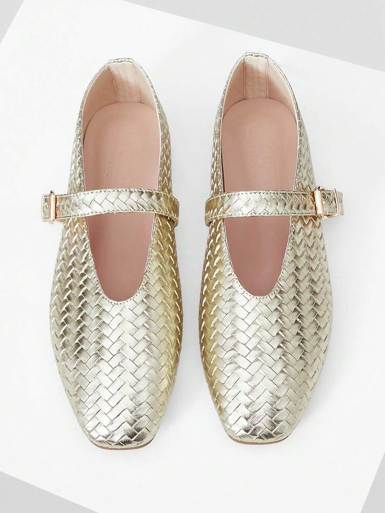 CHAMPAGNE BRAID TEXTURE ADJUSTABLE BUCKLE MARY JANE FLAT SHOES SPRING SHOES