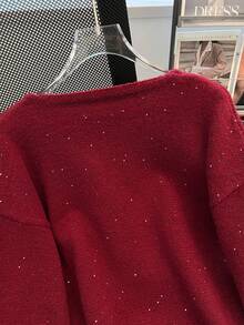Franclia 优雅法式复古休闲日常百搭可爱浪漫蝴蝶结亮片网眼长袖度假感红色长袖女毛衣 - 酒紅色 - 查看 6