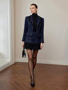 MOTF PREMIUM TWEED CONTRAST TAPE TRIM LAPEL COLLAR BLAZER - Blue - View 6