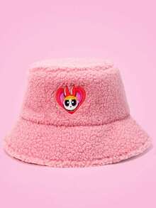 THE POWERPUFF GIRLS X SHEIN 1pc Blossom Embroidered Pink Plush Bucket Hat, Fashionable - A - View 5
