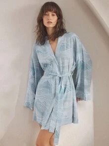 Ocili 休闲简约光滑睡袍，印花舒适垂坠女士睡衣，时尚秋夏睡袍轻薄蓝色睡袍，冬季 - 藍色 - 查看 6