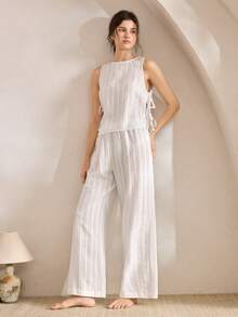 Ocili 休闲 100% 纯棉刺绣舒适吊带背心和裤子女士睡衣套装，别致的秋季睡眠 - 白色 - 查看 2