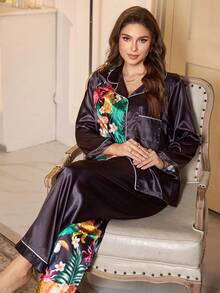 LuxeNights Plus Size Mature Elegant Leopard & Floral Colorblock Satin Robe & Pajama Set Satin Sleepwear Set Silky Pajama Set Satin Pajama Set Silk Robe Set Sleep Wear Women Silk, Fall & Winter Clothes - Multicolor - View 6