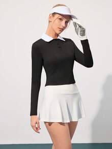 CourtClass 女士长袖高领黑白高尔夫球衫，女士高尔夫上衣，女士高尔夫套装，网球裙，长袖高尔夫服，高尔夫裙套装，网球裙，收腹高尔夫裙，运动裙，网球高尔夫
