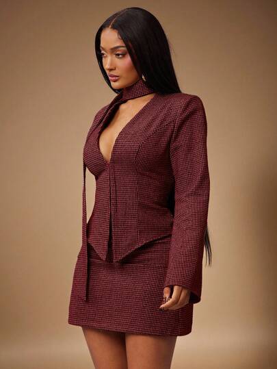 Radiana 3pcs Women Elegant Autumn Black Plaid Houndstooth Wool Suit Set,Fitted Blazer,Low-Waist Skirt&Scarf,Retro Chic Commuter Burgundy Brunch Outfit