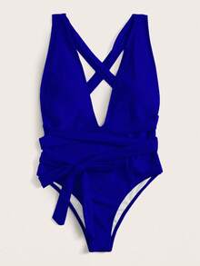 Swim Vcay Summer Beach Crisscross Knot Front One Piece Swimsuit - Blue - View 4