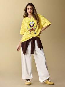 SpongeBob SquarePants | SHEIN 女士休闲宽松黄色卡通图案T恤，秋冬款 - 黃色 - 查看 6