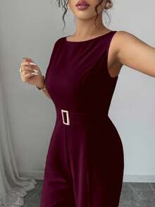 Selianne 法式浪漫单肩无袖高腰带光滑面料金属扣装饰阔腿直筒连体裤女士夏季服装女士办公服装外出服装 - 酒紅色 - 查看 4