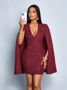 SOLERSUN Herbst Damen Party Kleid aus schimmerndem Tweed Stoff mit schlankem Cape, rotes Kleid geeignet für Zusammenkünfte und Partys, Damenkleid - Bordeaux - Übersicht 5
