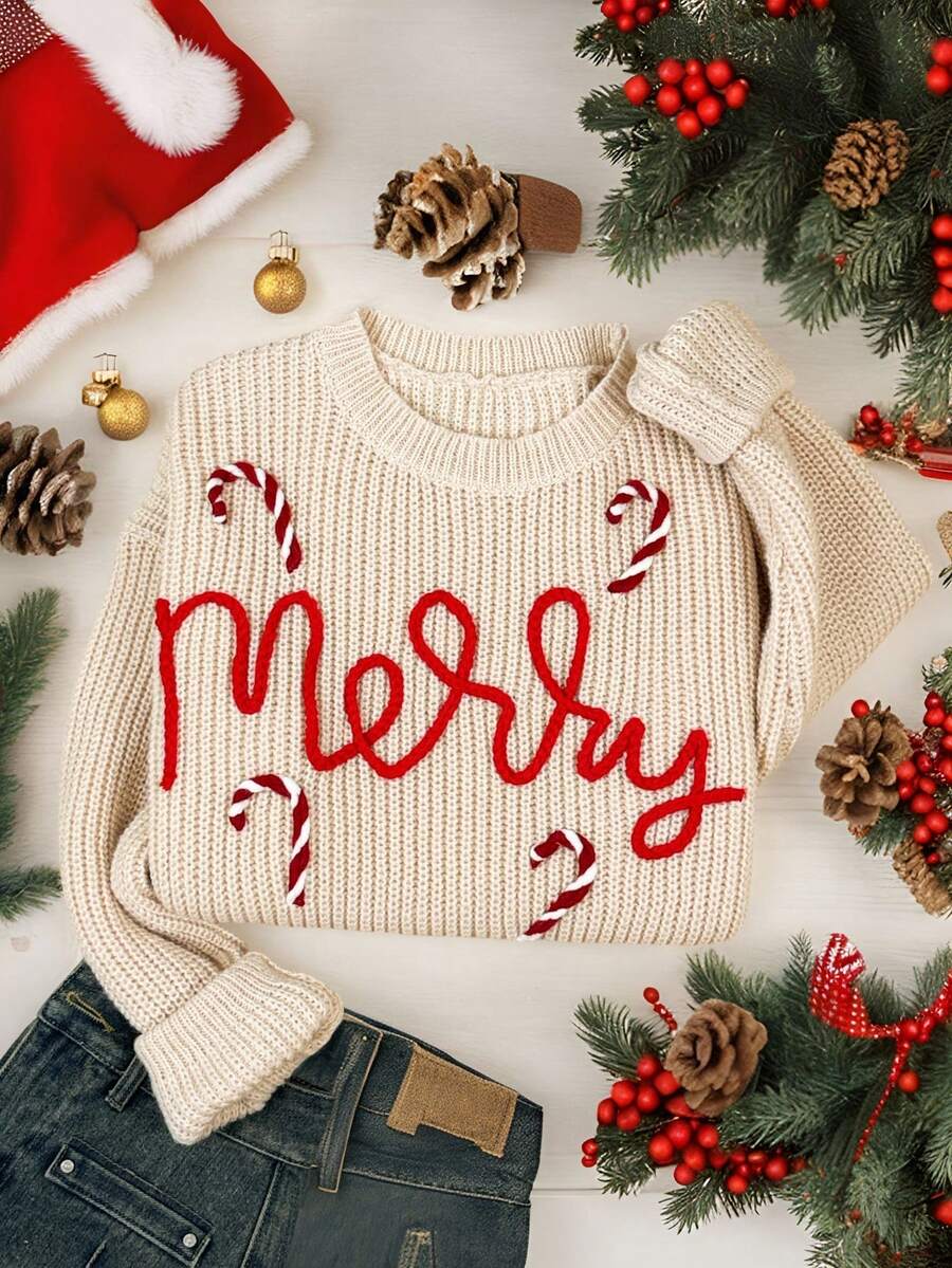 INAWLY 圣诞节畅销冬季新品 - 3D字母糖果图案针织毛衣 - 杏色 - 查看 1