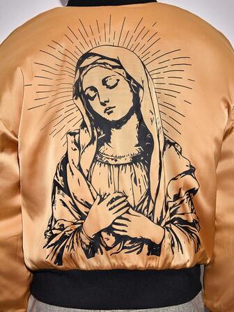 Street Life Chaqueta de béisbol con cremallera, cuello y gráfico de la Virgen María de colores brillantes para hombre