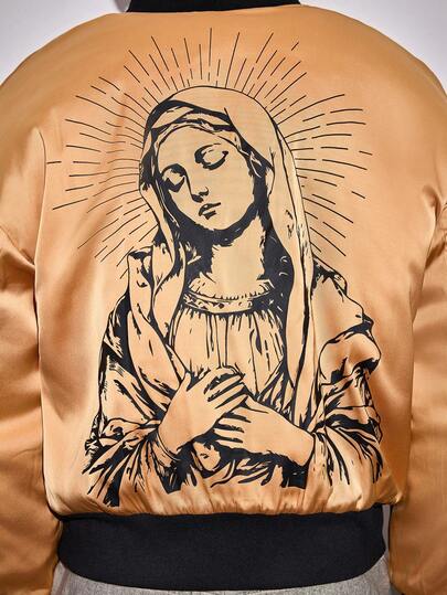 Street Life Men's Bright Color Virgin Mary Graphic Zip-Up Baseball Collar Winter Jacket
