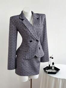 Elamini Women's Fashion Polka Dot Print Double-Breasted Blazer & Skirt Set - Grey - View 5