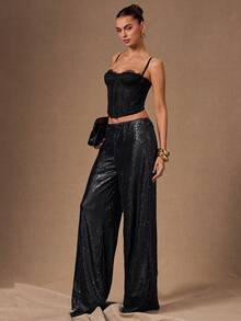 SHEIN BAE 黑色亮片超宽腿裤，优雅阔腿裤，黑色亮片裤，秋季裤装，秋季服装，适合夜店派对、外出、秋季女装、复古富贵风、性感简约女裤、派对聚会、鸡尾酒会、正式场合、黑色裤子 - 黑色 - 查看 5