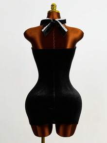 Mistrie 女士新款性感无袖露背吊带旗袍，露背设计，性感夜店风，无袖，露背，开衩，短裙，高腰，凸显腰部曲线，紧身连衣裙 - 黑色 - 查看 2