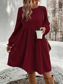 EMERY ROSE Robe ample à col rond unie rouge vin, style minimaliste polyvalent, grande taille, convient pour l'automne/hiver, les déplacements quotidiens, l'ambiance de Noël et du Nouvel An - Rouge foncé - Voir 3