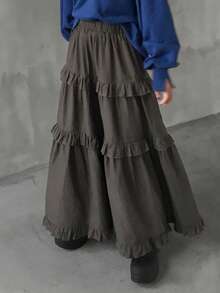 FRIFUL 女士休闲纯色荷叶边下摆半身裙 - 灰色 - 查看 3
