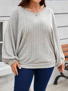 SHEIN PETITE CURVE Plus Size Crew Neck Batwing Sleeve Fleece Sweatshirt - Grey - View 5