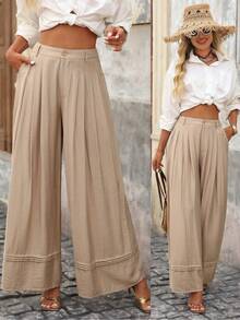 Brillora 女式纯色高腰褶皱阔腿宽松裤 - 杏色 - 查看 3