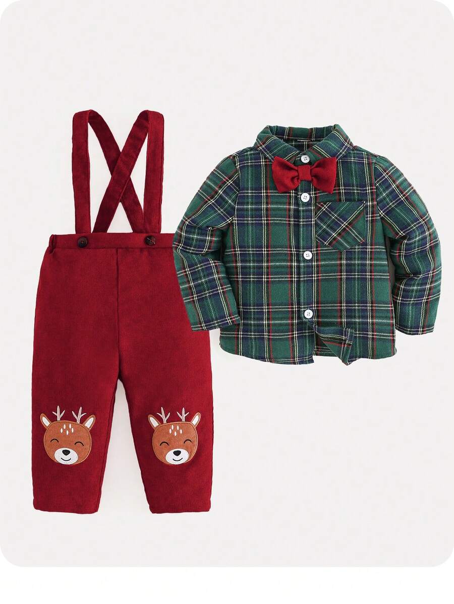 男婴可爱学院风绿色格子长袖衬衫和裤子套装 - 彩色 - 查看 1