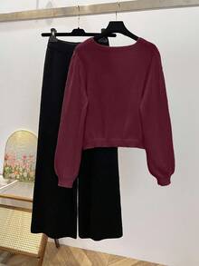 Franclia Bộ 2 món trang phục mùa thu màu trà, áo len cổ vuông cắt cúp dễ thương và quần len ống rộng đa năng - Màu Đỏ Sâu - Xem 2