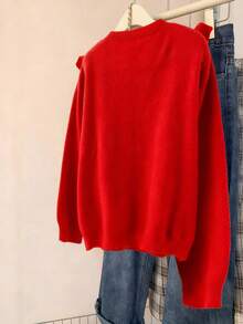 SHEIN Clasi 大码休闲纯色荷叶边下摆套头毛衣，秋冬款 - 紅色 - 查看 2