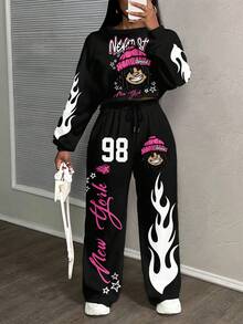 Slaydiva Ensemble 2 pièces sweat-shirt et pantalon de survêtement imprimé de dessin animé, grande taille, décontracté pour l'automne/l'hiver - Multicolore - Voir 1