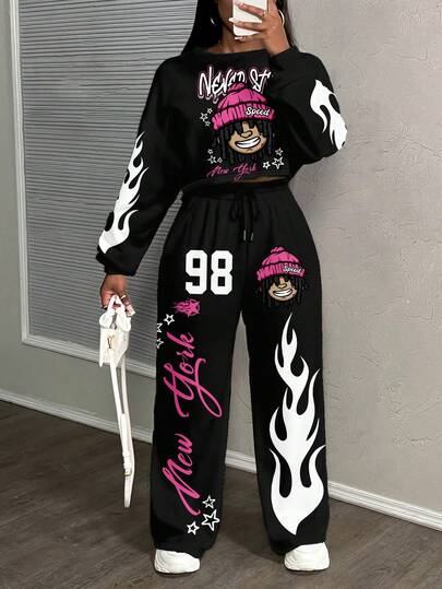 Slaydiva 加大码卡通印花卫衣和运动裤两件套，秋冬季休闲装
