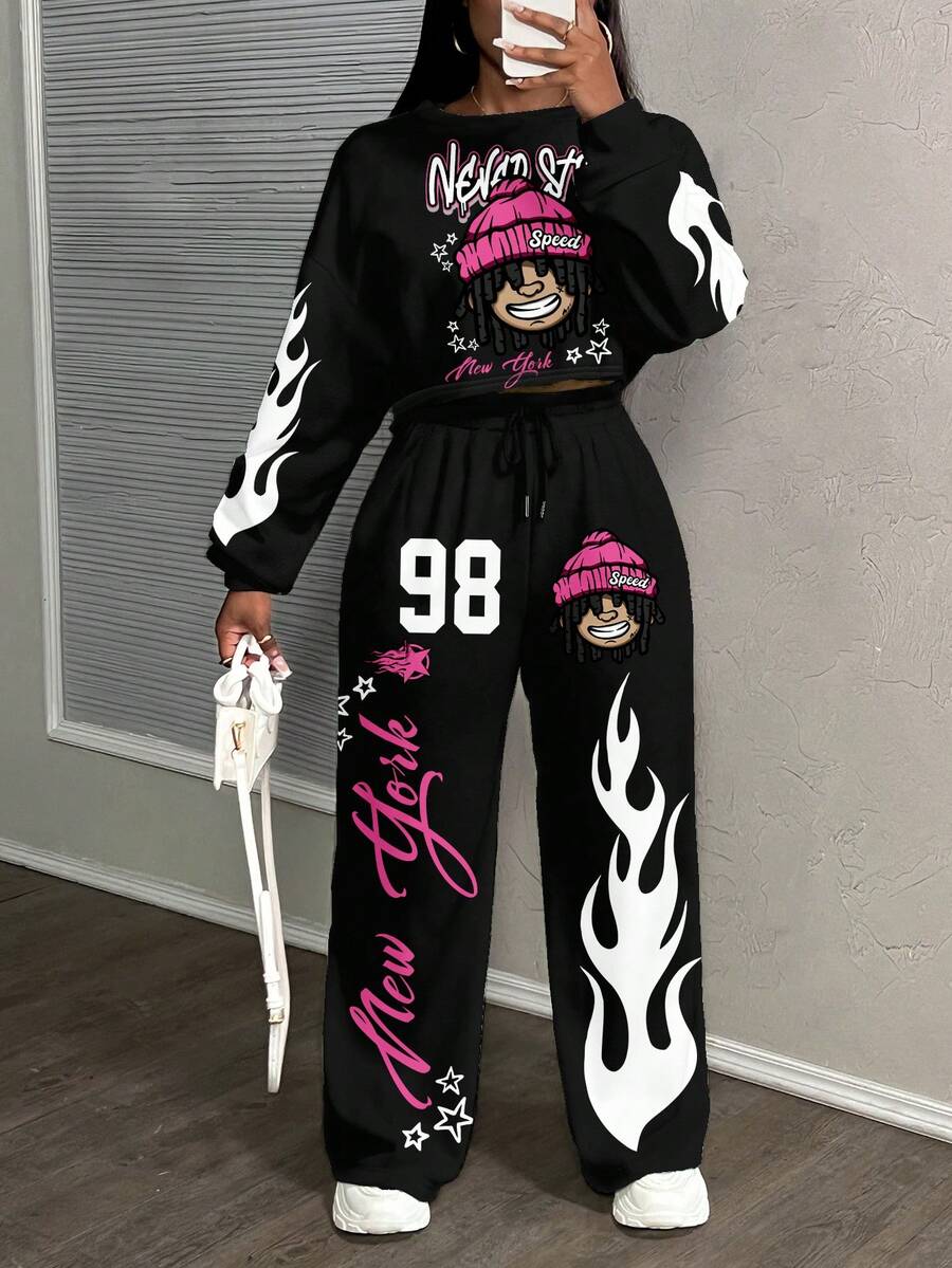 Slaydiva Ensemble 2 pièces sweat-shirt et pantalon de survêtement imprimé de dessin animé, grande taille, décontracté pour l'automne/l'hiver - Multicolore - Voir 1