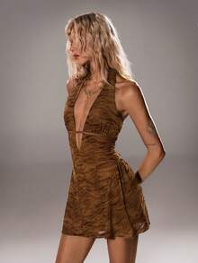 SHEIN TRNDY Women's Sexy Low-Cut Leopard Print Bodycon Dress - Brown - View 3