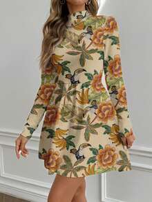 Glamance Studio Sense Elegant Casual Minimalist Party Dress For Women, Suitable For Autumn/Winter, Christmas, New Year Sleeved Floral Dress Flower Print Dress Long Sleeve Floral Dress Floral Dress Women Elegant Dresses For Women Long Sleeve Autumn Dress Floral Print Dress - Multicolor - View 4