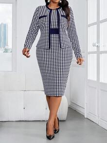 SHEIN Lady 大码女式千鸟格印花长袖外套和无袖修身连衣裙优雅两件套 - 藏蓝色 - 查看 3