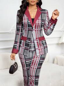 SHEIN Lady 女士优雅格子长袖外套和裤子套装，圣诞节、新年、情人节服装，女士格子两件套，女士套装 - 紅色 - 查看 8