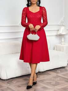 SHEIN Lady 女士撞色蕾丝心形领长袖优雅连衣裙 - 紅色 - 查看 4