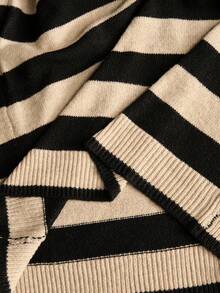 Écloséra Französischer Retro Loose Polokragen Langarm Gestricktes gestreiftes Halbplakette Knopf Khaki Damen Pulloverkleid, Herbst/Winter