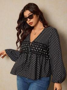 Elaquor 大码女式 V 领带设计碎花长袖衬衫，百搭日常穿着，蓝色碎花 - 黑色 - 查看 3