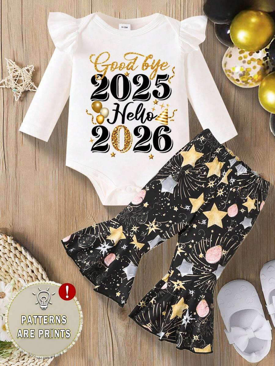 2件套女婴2026新年烟花字母印花圆领长袖荷叶边下摆连体衣和喇叭裤套装,适合新年、春季和秋季穿着。 - 彩色 - 查看 1