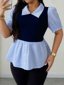 Maweii Blusa de talla grande para mujer con cuello solapa y parche a cuadros, 2 en 1