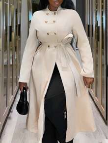 Xyvia Women's Elegant Commuting Autumn/Winter New Style Simple Double-Breasted Overcoat, Earth-Tone Brown, Waist-Cinching, Long Sleeve Mid-Length Overcoat - Brown - View 1