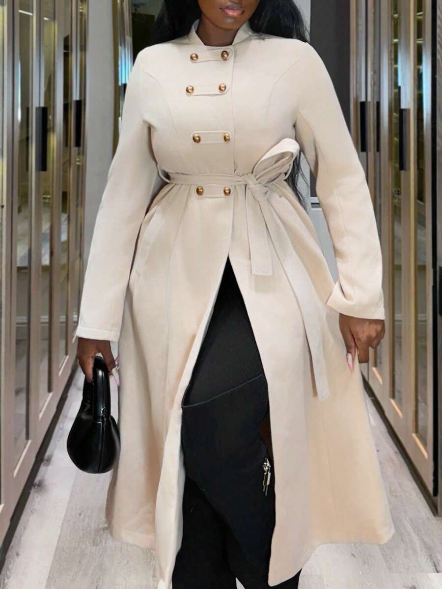 Xyvia Women's Elegant Commuting Autumn/Winter New Style Simple Double-Breasted Overcoat, Earth-Tone Brown, Waist-Cinching, Long Sleeve Mid-Length Overcoat - Brown - View 1