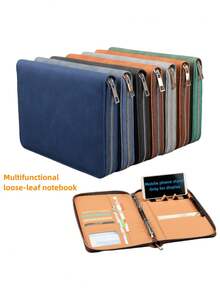 商务拉链笔记本 A5 活页本 学习用品 办公笔记本 多功能仿皮会议记录本 带卡槽和手机支架，学习用品，返校季 - A5 - 查看 1