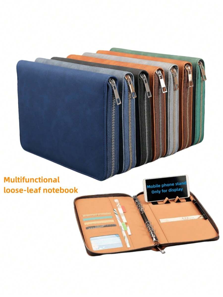 商务拉链笔记本 A5 活页本 学习用品 办公笔记本 多功能仿皮会议记录本 带卡槽和手机支架，学习用品，返校季 - A5 - 查看 1