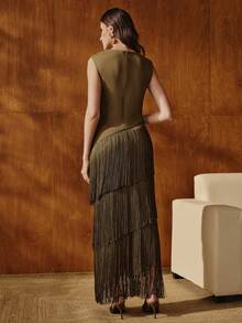 Anewsta 女士新款优雅无袖流苏长裙，蓝色，适合宴会、生日派对、婚礼、秋季、冬季、夏季、新年、聚会、婚礼等场合，优雅、别致、时尚、闪亮连衣裙，圣诞派对礼服 - 墨綠色 - 查看 3