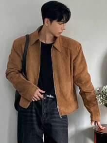 DAZY Men's Thick Short Brown Suede Fabric Jacket And Coat, Autumn/Winter - Brown - View 3